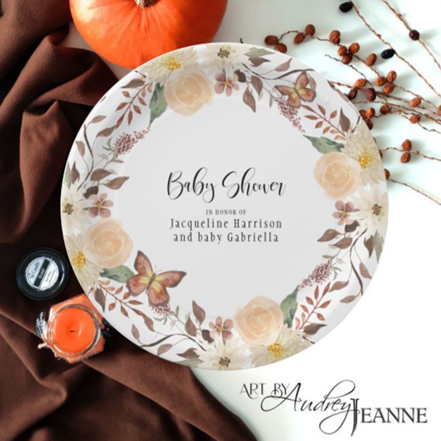 Plato De Papel BOHO Fall Floral otoño mariposa Baby Shower (Subido por el creador)