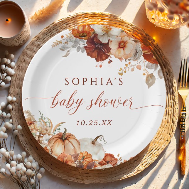 Plato De Papel Boho Fall Floral Pumpkin Baby Shower  (Subido por el creador)