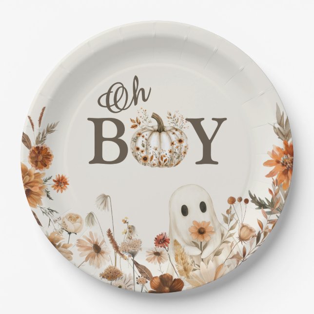 Plato De Papel Boho Fall Ghost Floral Oh Boy Baby Shower  (Anverso)