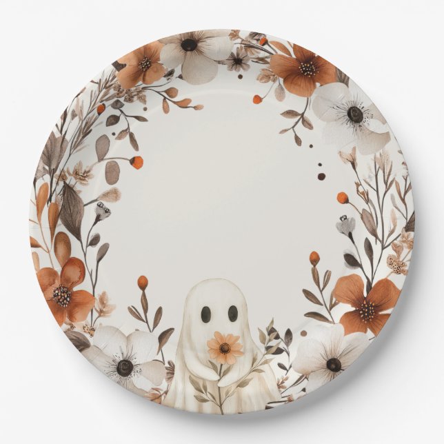 Plato De Papel Boho Fall Ghost Floral Oh Boy Baby Shower  (Anverso)