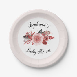 Plato De Papel Boho Feathers Burgundy Rubor Baby Shower