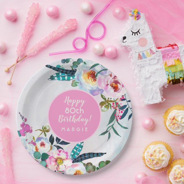 Plato De Papel Boho Feliz cumpleaños a 80 años de jóven planchas  (Fiesta)