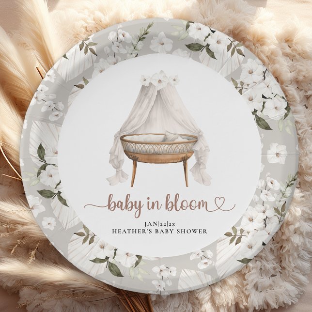 Plato De Papel Boho Floral Baby Shower Plates Neutrales Bassinet (Baby in bloom paper plates)