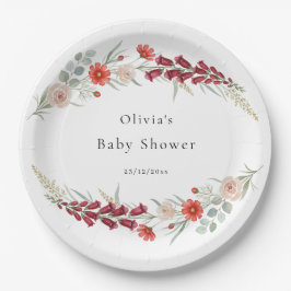 Plato De Papel Boho floral Baby Shower red wildflower watercolor 