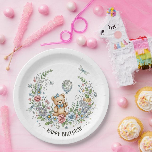 Plato De Papel Boho floral birthday bear (Fiesta)