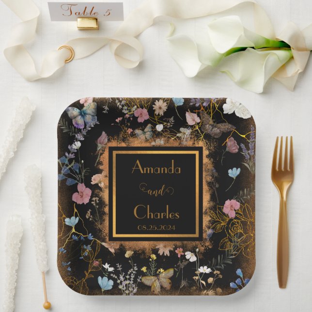 Plato De Papel Boho Floral Black Butterfly Garden Wedding (Boda)