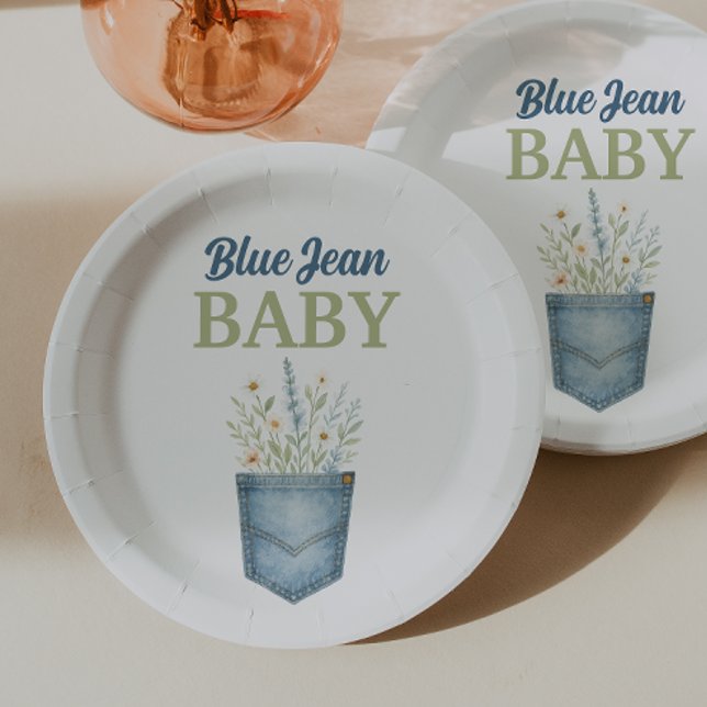 Plato De Papel Boho Floral Denim Pocket Blue Jean Baby Shower (Subido por el creador)