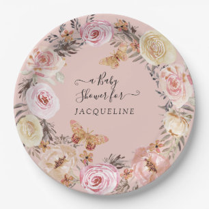 Plato De Papel Boho Floral Dusty Rubor Pink Modern Baby Shower