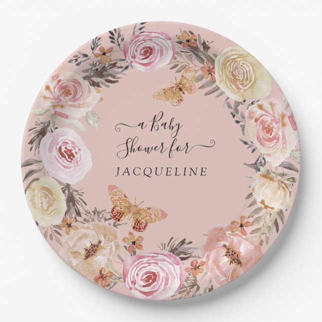 Plato De Papel Boho Floral Dusty Rubor Pink Modern Baby Shower (Anverso)
