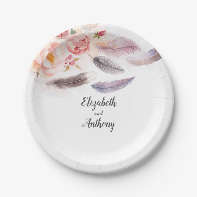 Plato De Papel Boho floral Feathers (Anverso)