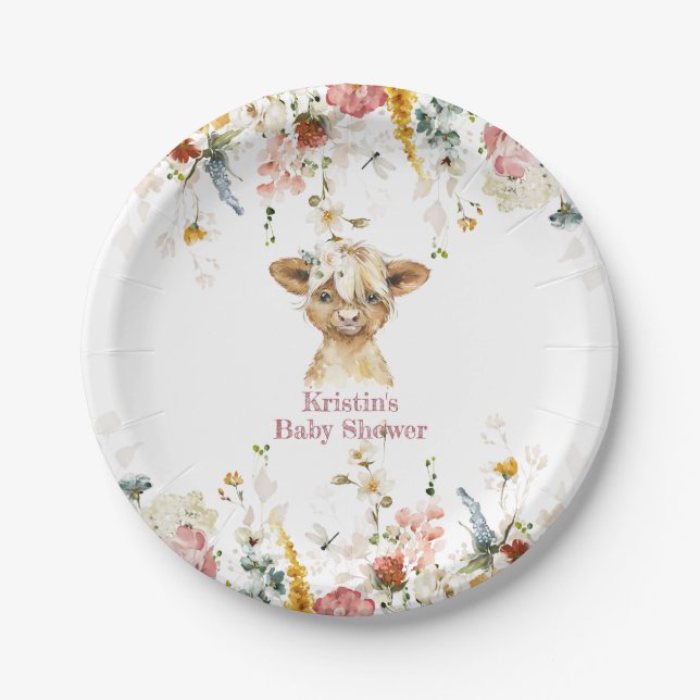 Plato De Papel Boho Floral Highland Cow (Anverso)