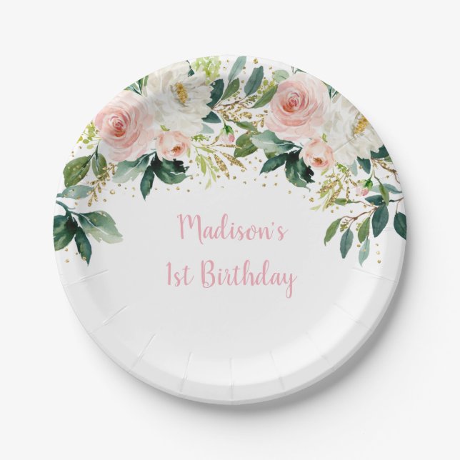 Plato De Papel Boho Floral Rubor Gold Birday (Anverso)