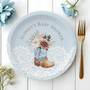 Plato De Papel Boho Floral Western Blue Cowboy Boot Baby Shower