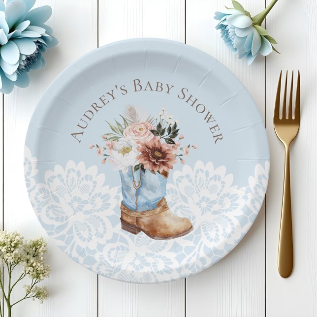 Plato De Papel Boho Floral Western Blue Cowboy Boot Baby Shower (Boho Floral Western Blue Cowboy Boot Baby Shower Paper Plates)