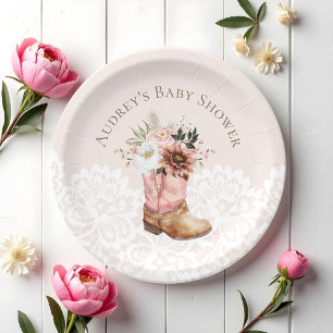 Plato De Papel Boho Floral Western Pink Cowgirl Boot Baby Shower