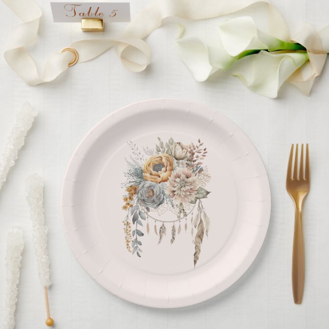 Plato De Papel Boho Flower Bouquet y Dreamcatcher (Boda)