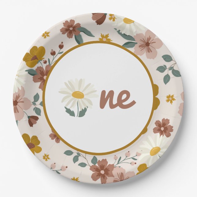 Plato De Papel Boho Flower Plates Groovy Un Primer Cumpleaños (Anverso)