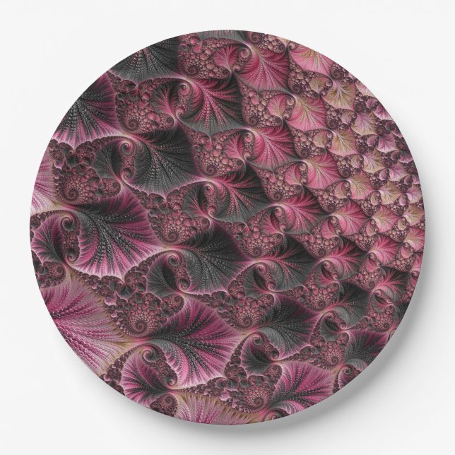 Plato De Papel Boho Funky Ecléctico Rosa Negro Resumen Fractal (Anverso)
