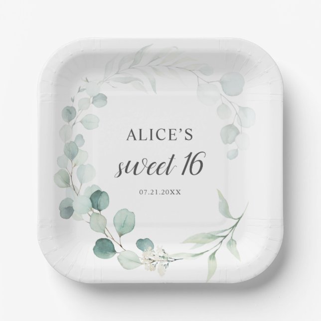 Plato De Papel Boho Greenery Eucalyptus Sweet 16 (Anverso)