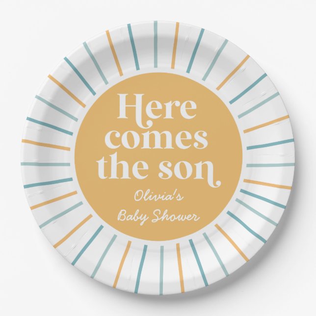 Plato De Papel Boho Here come the Son sunshine baby ducha (Anverso)
