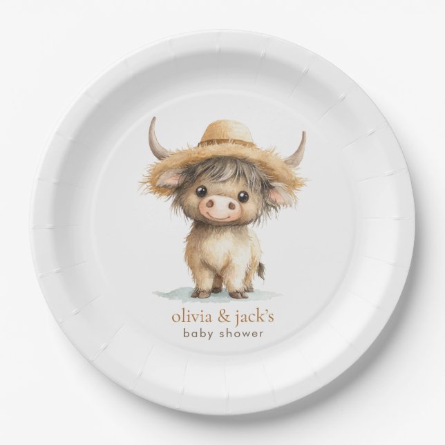 Plato De Papel Boho Highland Cow Baby Shower (Anverso)