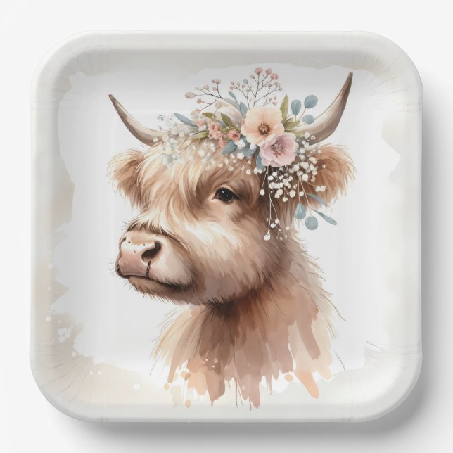 Plato De Papel Boho Highland Cow Con Flores Bridales (Anverso)