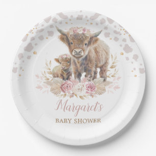 Plato De Papel Boho Highland Cow Floral Pampas Niña bebé de hierb