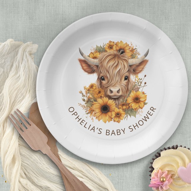 Plato De Papel Boho Highland Cow Sunflowers Baby Shower (Subido por el creador)