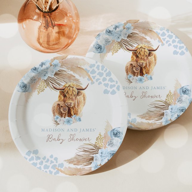 Plato De Papel Boho Holy Cow Blue Pampas Grass Boy Baby Shower (Subido por el creador)