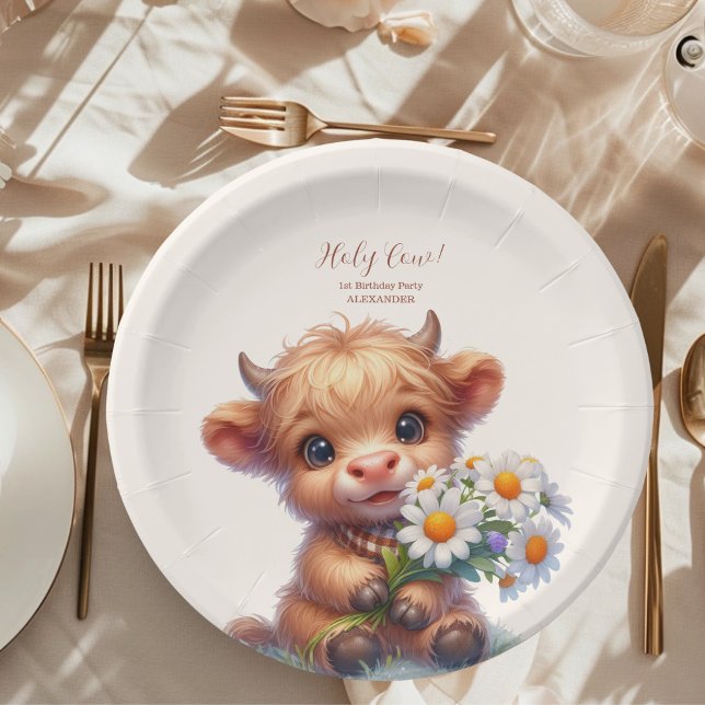 Plato De Papel Boho Holy Cow Highland Cow Primer cumpleaños (Subido por el creador)
