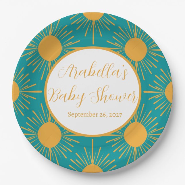 Plato De Papel Boho Little Ray de Sun Turquoise Baby Shower (Anverso)