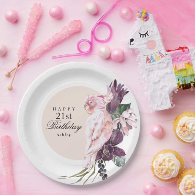 Plato De Papel Boho Loro Tropical Feminiano Rosa 21º cumpleaños (Fiesta)