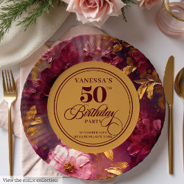 Plato De Papel Boho Maroon Rubor Gold 50th Birthday Plate