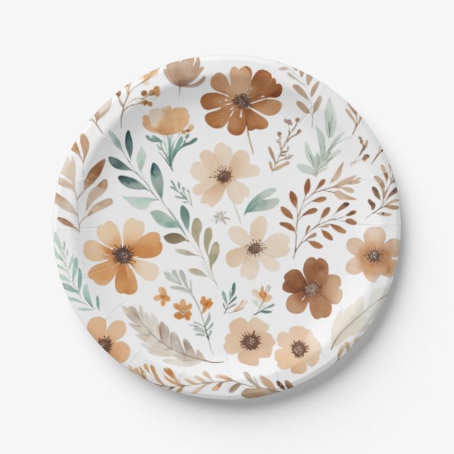 Plato De Papel Boho Marrón Claro Flor  (Anverso)