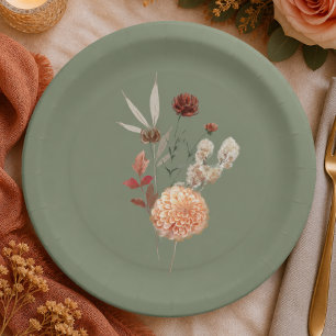 Plato De Papel Boho Melocotón y óxido floral salvia verde Baby Sh