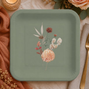 Plato De Papel Boho Melocotón y óxido floral Verde Salvia Desayun