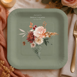 Plato De Papel Boho Melocotón y óxido floral Verde Salvia Desayun