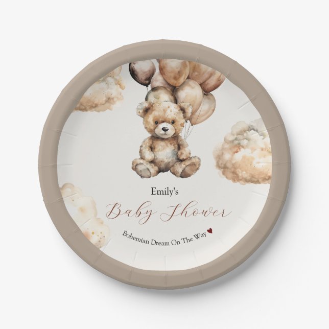 Plato De Papel Boho Moda Teddy Bear Globos Nubes Baby Shower (Anverso)