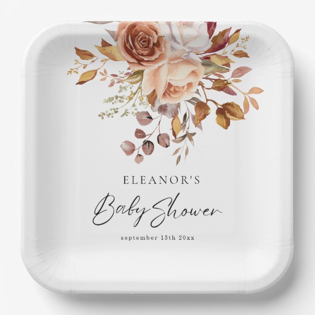 Plato De Papel Boho Moda Terracotta Floral Nombre Baby Shower (Anverso)