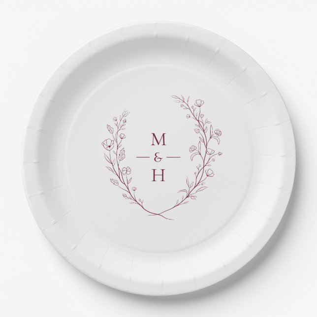 Plato De Papel Boho Modern Botanical Monogram Wedding Party (Anverso)