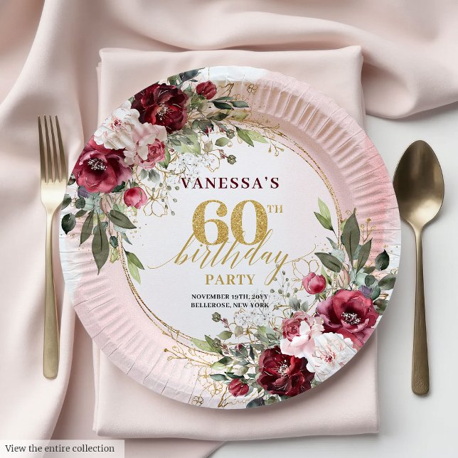 Plato De Papel Boho Moderno Burgundy Verdor Dorado 60 Cumpleaños (Modern Boho Burgundy Greenery Gold 60th Birthday Plates)