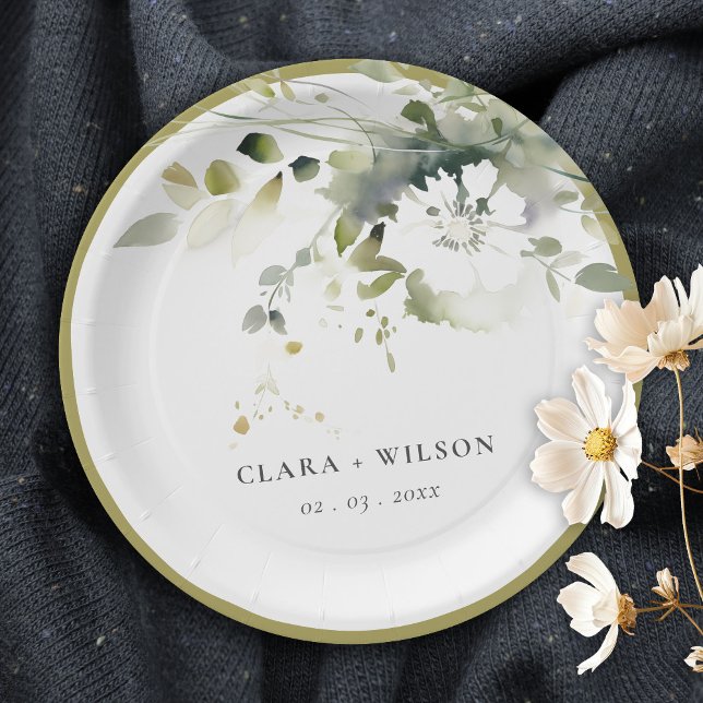 Plato De Papel Boho moderno Resumen Boda floral blanca verde (Subido por el creador)