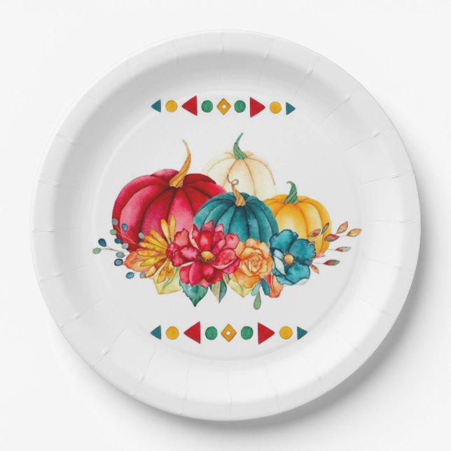 Plato De Papel Boho Naranja Rojo Verde azulado Calabazas Florines (Anverso)