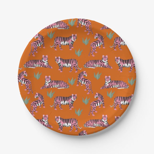 Plato De Papel Boho Naranja Tigres de la Jungla (Anverso)