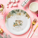 Plato De Papel Boho Navidades de invierno ducha de novia fiesta d<br><div class="desc">Navidades temática de invierno ducha de novia té fiesta vajilla platos fiestas personalizados,  taza de té acuarela con copos de nieve poinsettia y galletas ramas de pino moderno tipo casual de invierno chapas de ducha de novia</div>
