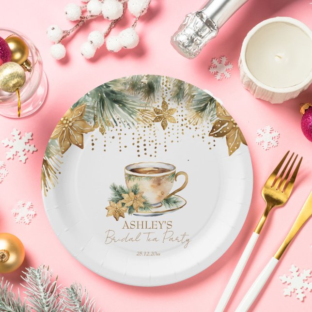 Plato De Papel Boho Navidades de invierno ducha de novia fiesta d (Boho Christmas winter bridal shower tea party tableware personalized Paper Plates gold poinsettia)