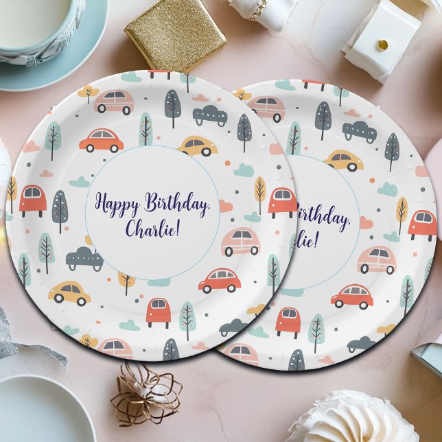 Plato De Papel Boho Niños Coches, Árboles y Nubes Patrón Cumpleañ (Subido por el creador)