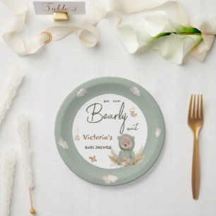 Plato De Papel Boho Nursery Green Teddy Bear Baby Shower