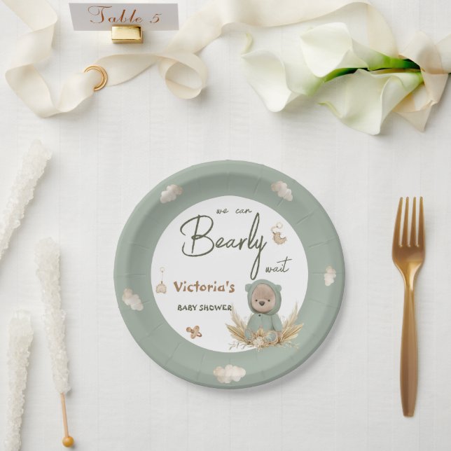 Plato De Papel Boho Nursery Green Teddy Bear Baby Shower (Boda)