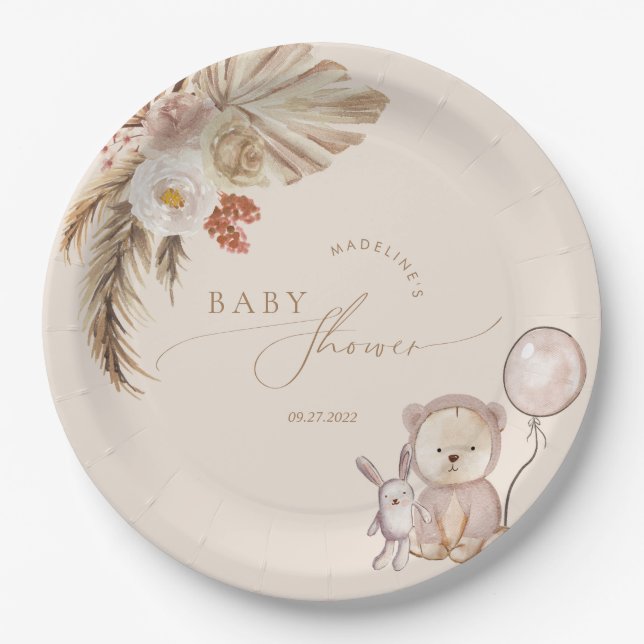 Plato De Papel Boho Pampas Globo de Oso de Grasa Baby Shower (Anverso)